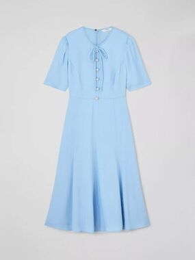 LK Bennett Montana Light Blue Tie-Neck A-Line Midi Dress